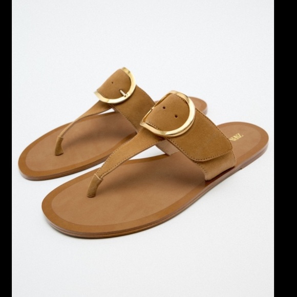 ZARA NEW WOMAN BUCKLED LEATHER FLAT THONG SANDALS EARTH BROWN 10/41 2605/010